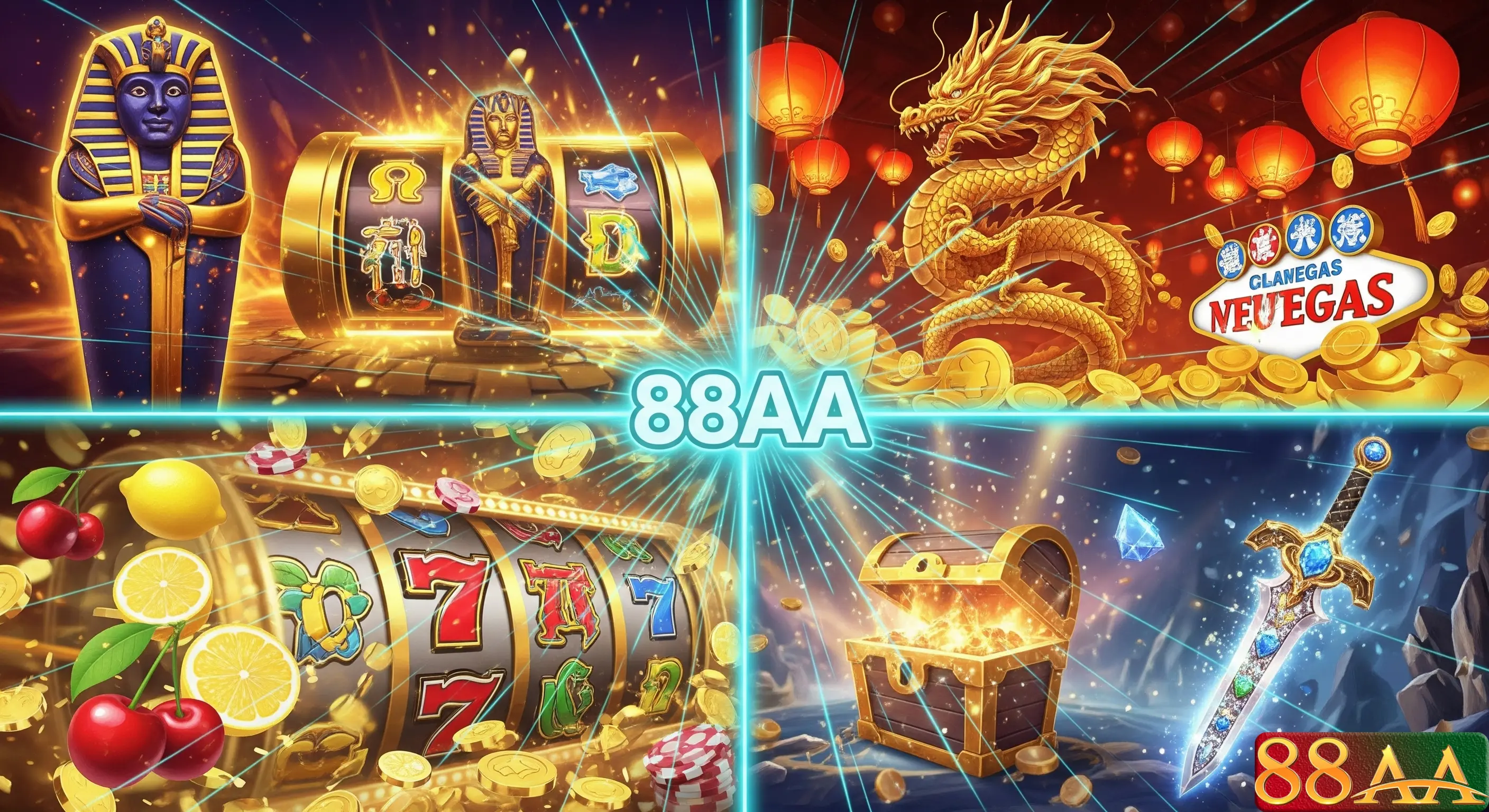 Montage hình ảnh các loại game Nổ Hũ khác nhau tại 88AA: Classic, Video, Jackpot, Megaways